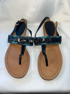Coach Black & Teal T-Strap Sandals with Signature Hardware 8.5